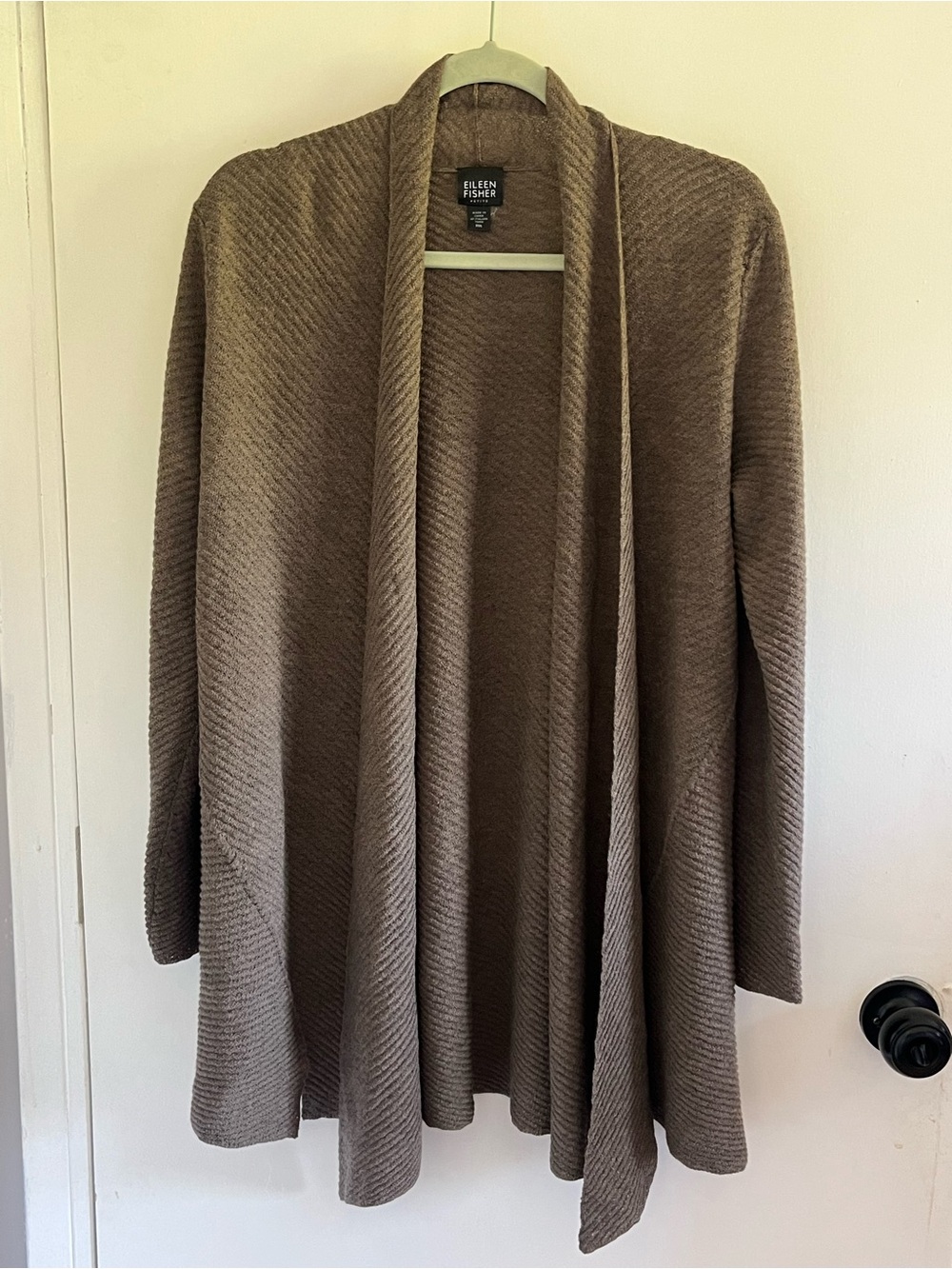 Eileen Fisher Brown Lightweight Ribbed Italian Wool Long Sleeve Open Cardigan M